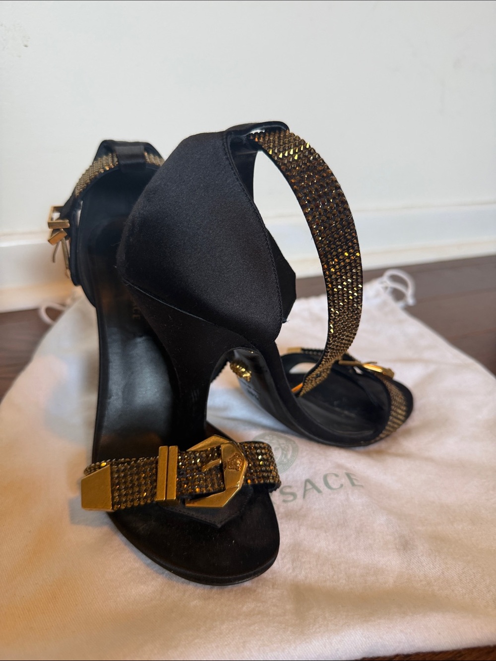 Versace Black Heeled Sandals with Gold Buckle Detail
